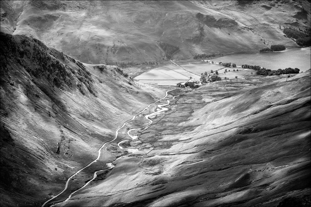 View down to Honister Pass from Dale Head, Lake District, Cumbria, UK.
