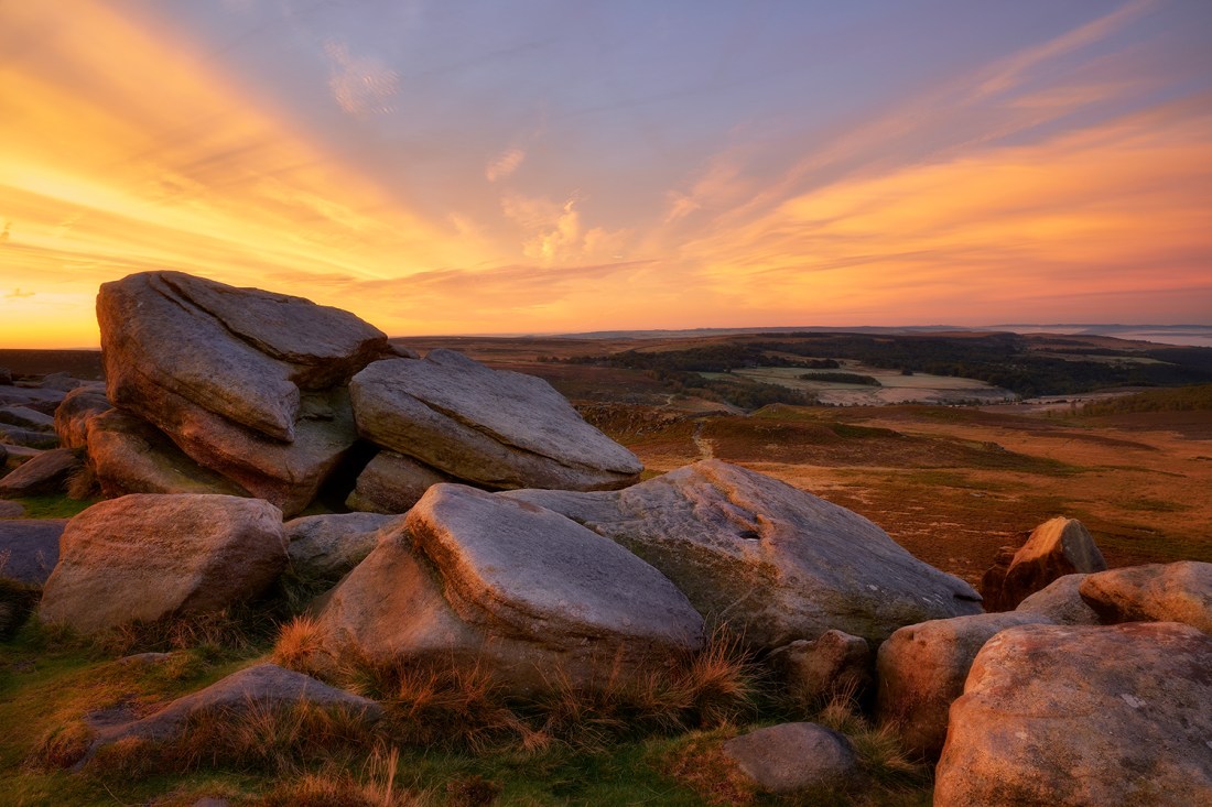 Rocks on Higger Tor at sunrise, The Peak District.