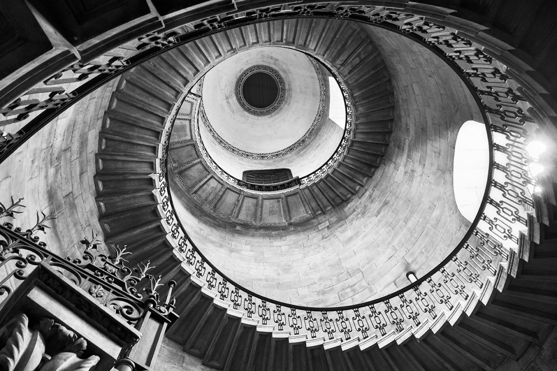 Staircase inside St Paul's Cathedral in black and white