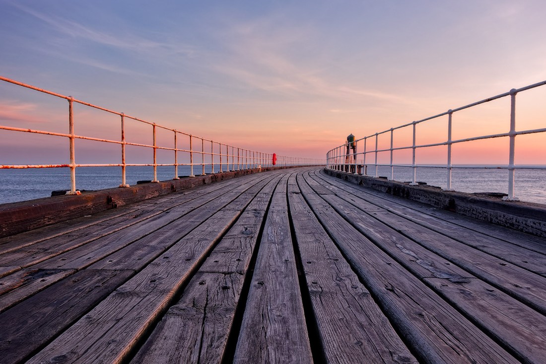 Whitby Pier at sunrise, Sony RX100, ISO80, f/5.0, 1/30".