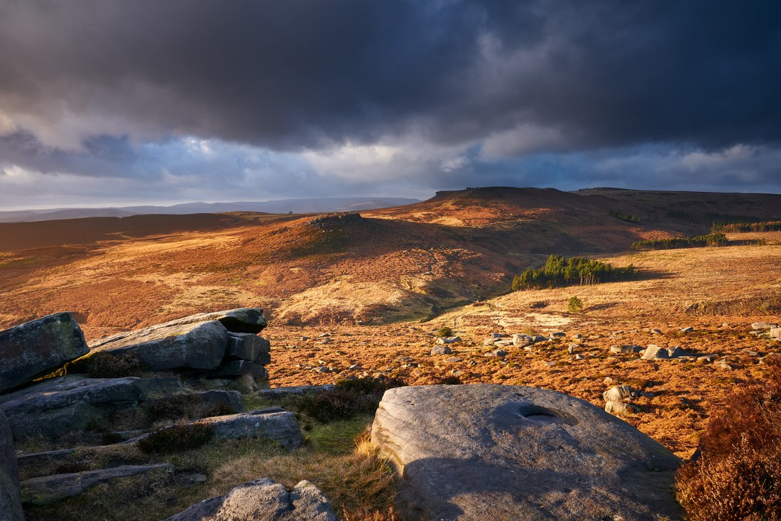 Higger Tor and Carl Wark from Burbage Edge in the Peak District.