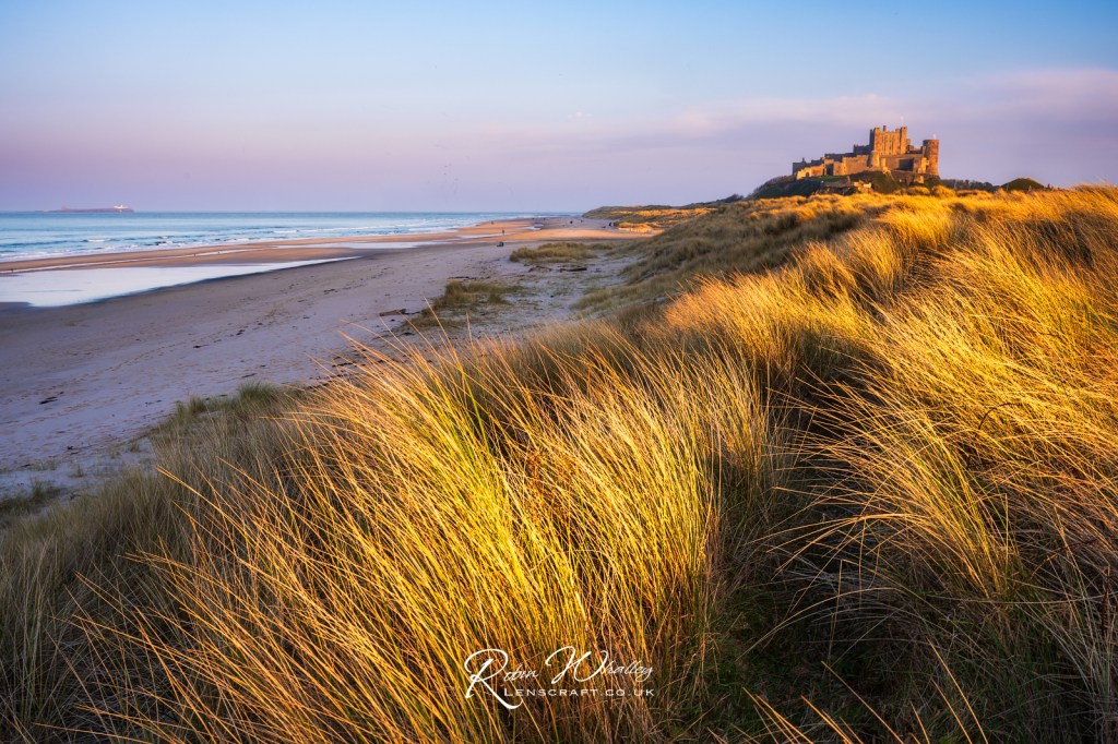 Bamburgh Beach, sand dunes and Castle, Northumberland